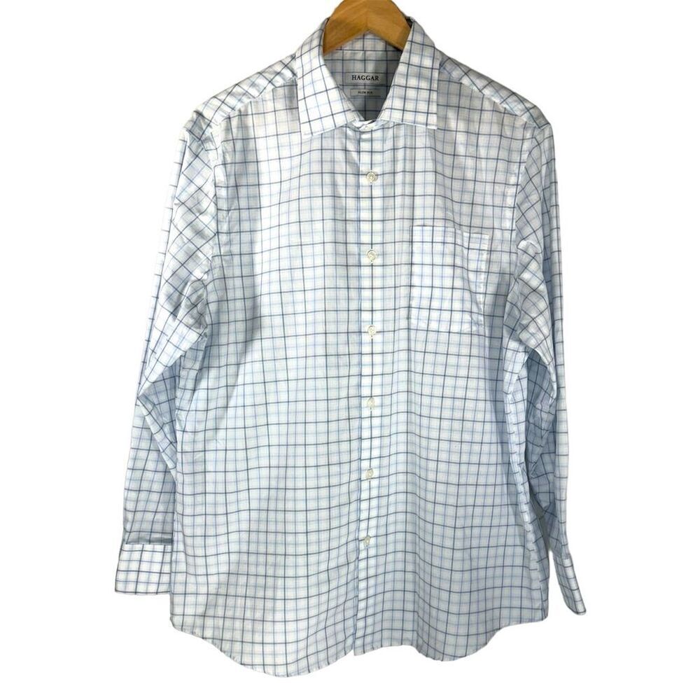 Haggar Blue Slim Fit Dress Shirt Long Sleeve Button Down Men’s Collar Size 16